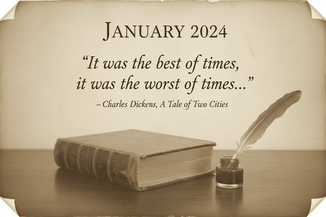 고전 문학 명언과 관련 삽화가 있는 문학 테마의 2024년 달력.