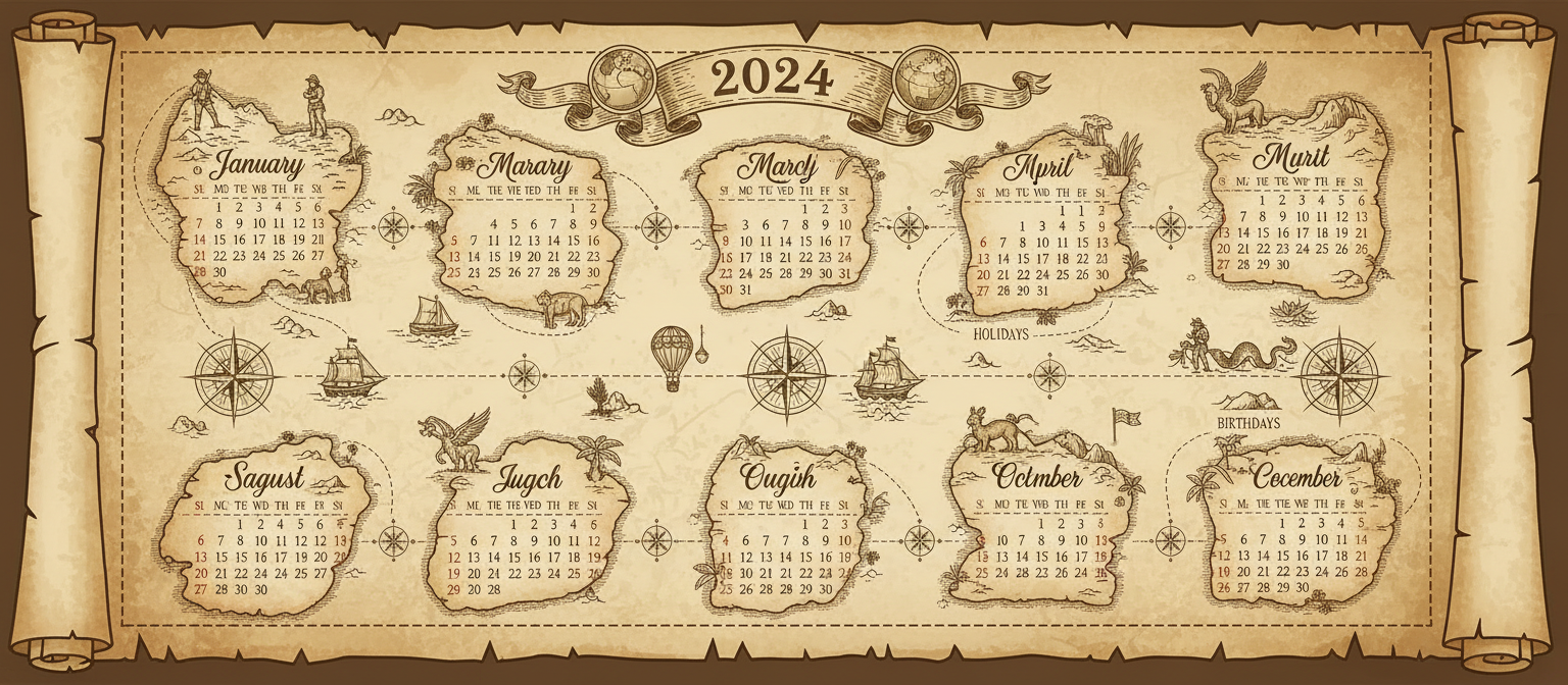 탐험가 모티브가 있는 고대 세피아 톤 지도처럼 디자인된 2024년 달력.