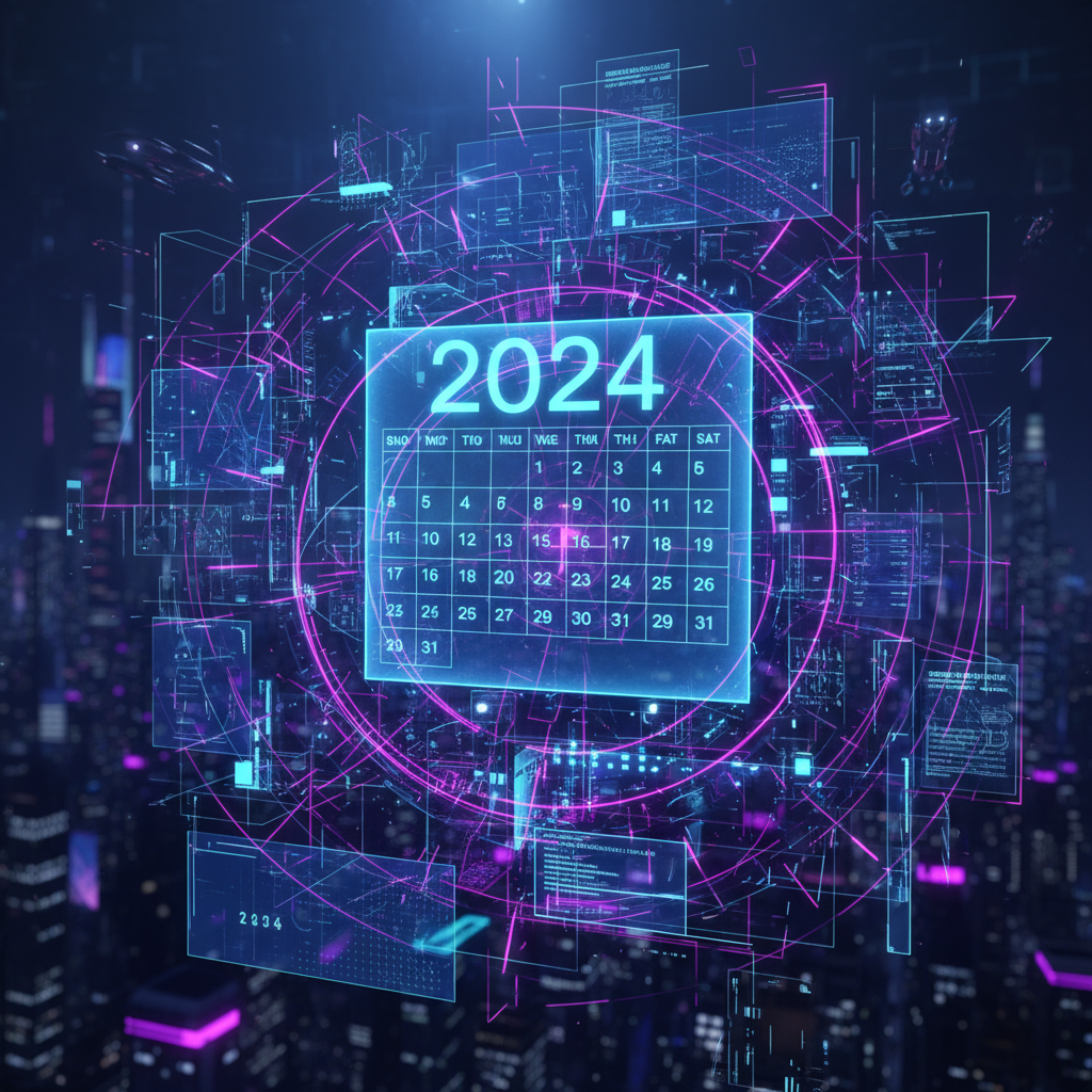 첨단 파란색과 보라색 네온 인터페이스 안에 떠 있는 미래형 홀로그램 2024년 달력.