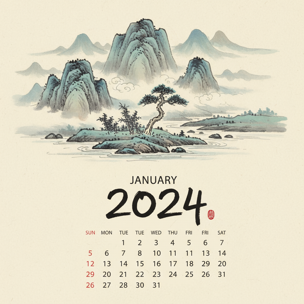 동양의 수묵화를 연상시키는 평온한 풍경이 담긴 2024년 달력.