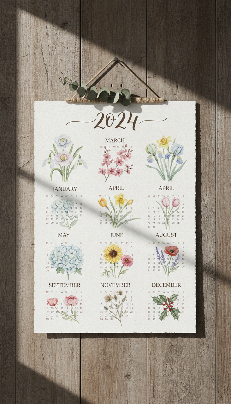 매달 다른 꽃과 잎사귀를 섬세한 수채화로 표현한 아름다운 식물 2024년 달력.