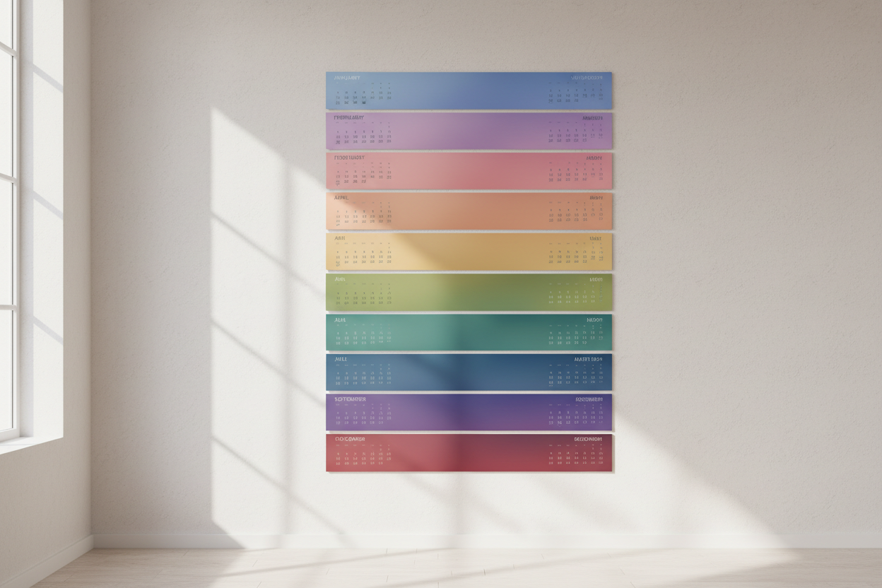 매월 색상 그라데이션이 부드럽게 변하는 현대적인 2024년 달력.
