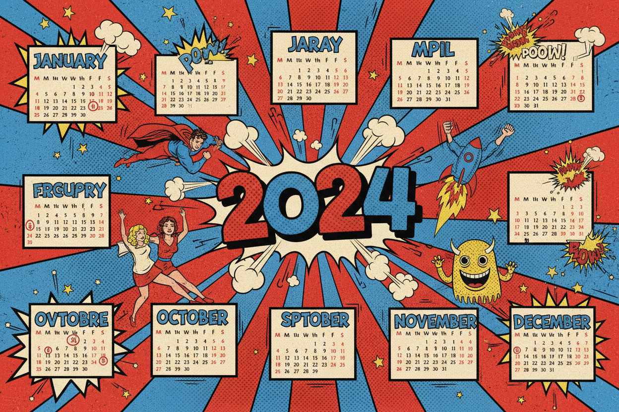 원색, 하프톤 점, 만화책 이미지를 활용한 생동감 넘치는 팝 아트 스타일 2024년 달력.