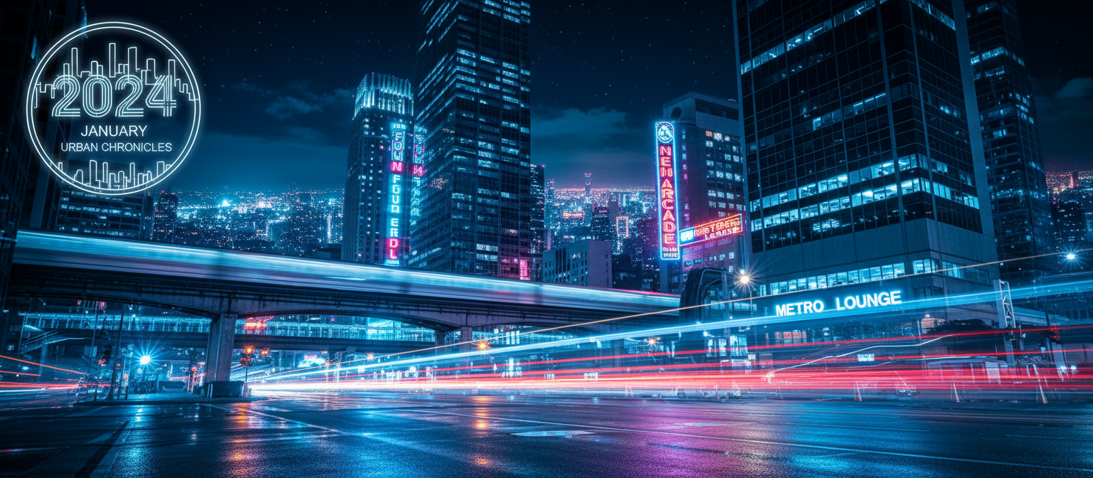 네온사인과 도시 야경이 돋보이는 세련된 2024년 달력.