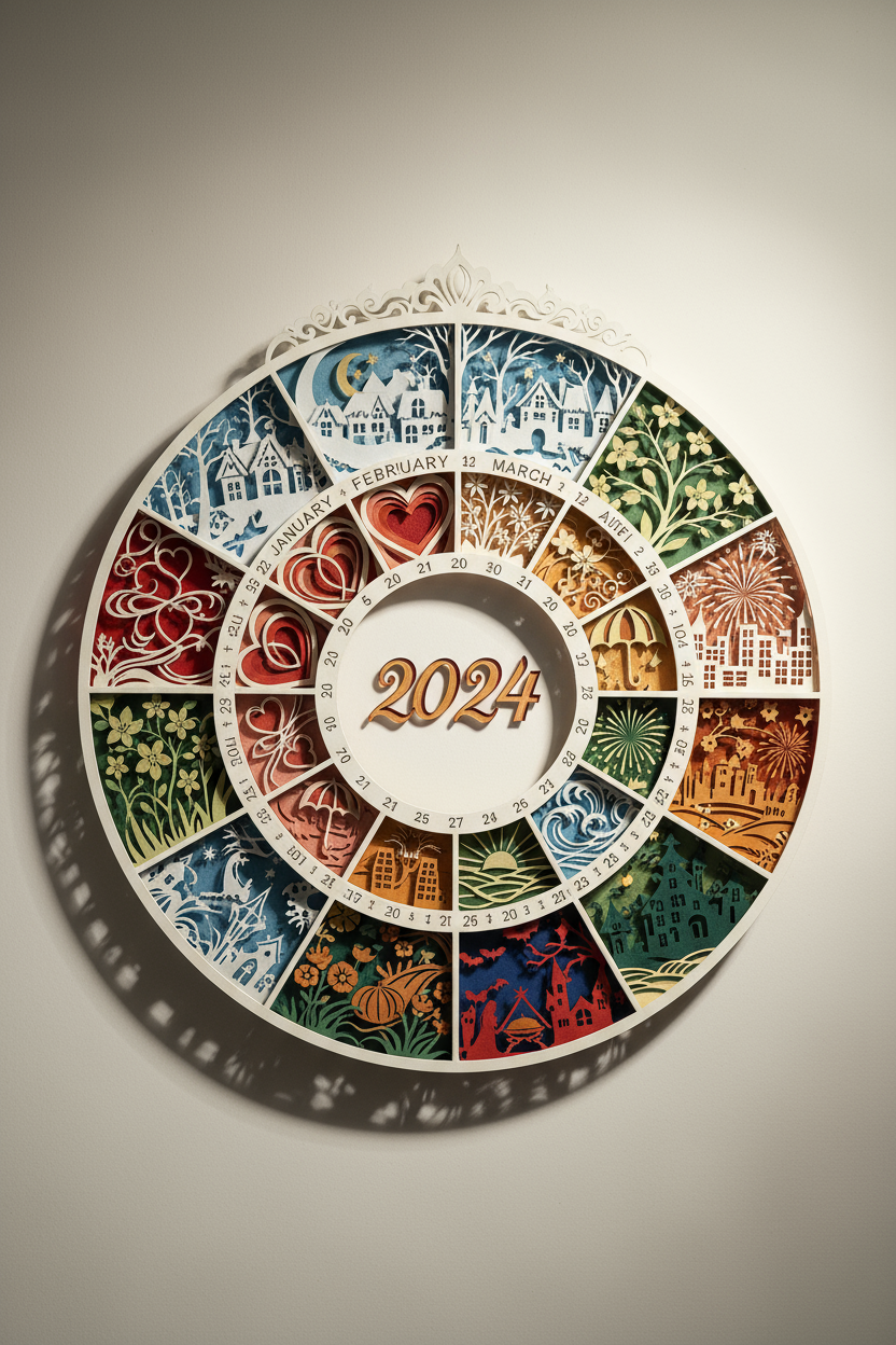 깊이와 그림자를 만드는 다층 잘라내기로 구성된 정교한 페이퍼 컷 아트 스타일 2024년 달력.