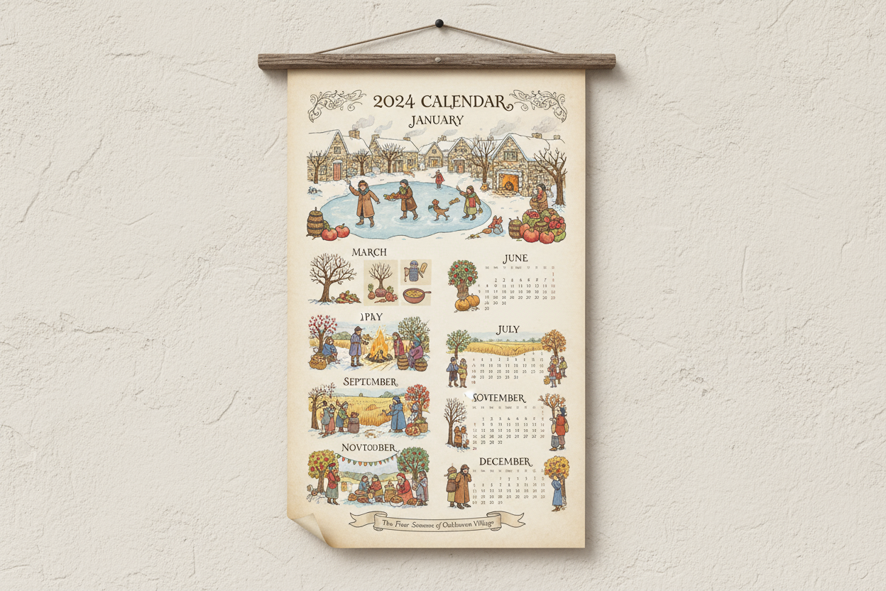 평화로운 마을의 계절별 활동을 보여주는 손으로 그린 2024년 벽걸이 달력.