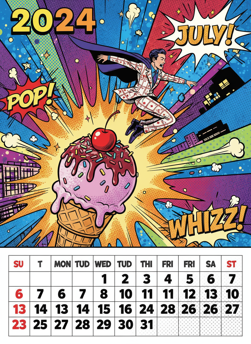 강렬한 색상과 만화책 스타일이 특징인 팝아트 2024년 달력.