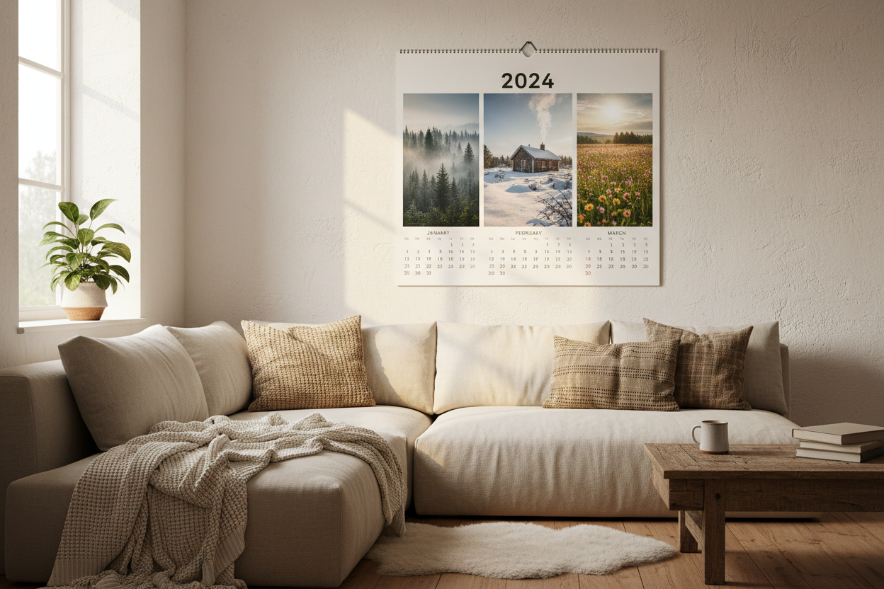 따뜻한 자연광이 비추는 아늑한 거실에 걸려 있는 2024년 벽 달력.