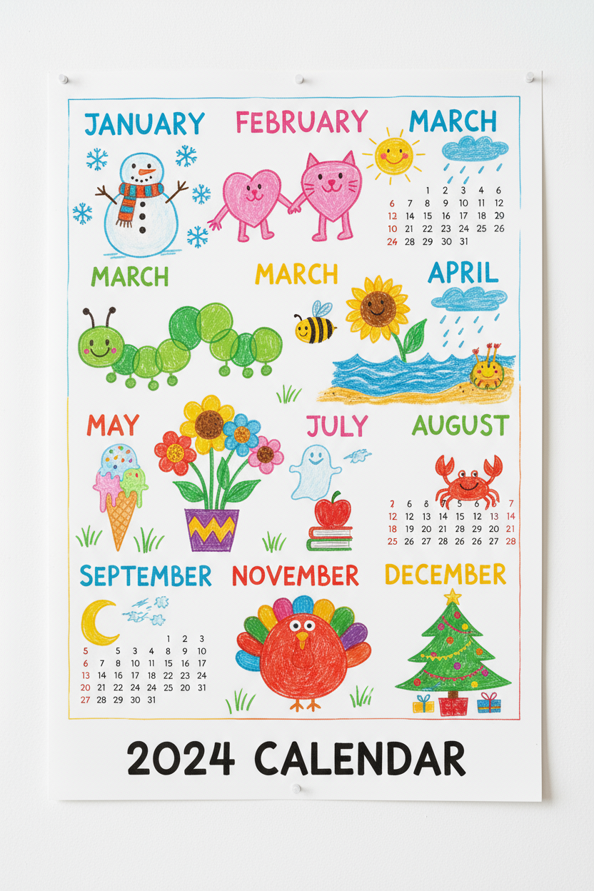 밝은 색상과 단순하고 즐거운 그림으로 가득 찬, 아이들의 미술 스타일 2024년 달력.