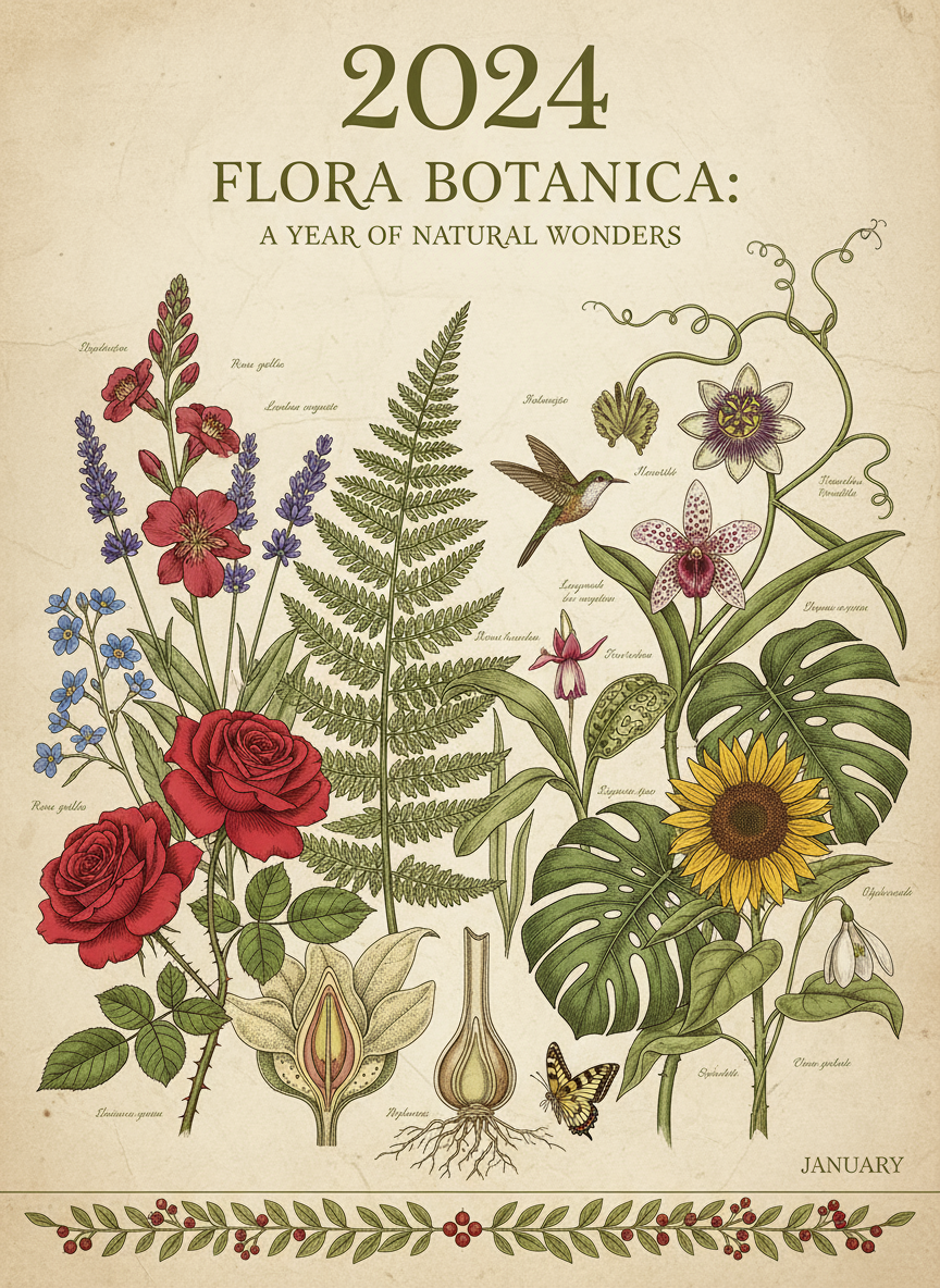 다양한 꽃과 식물의 정교한 식물학적 삽화가 그려진 2024년 달력.