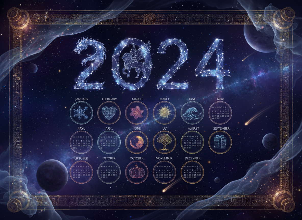 별이 빛나는 밤하늘의 별자리로 이루어진 천상의 2024년 달력.