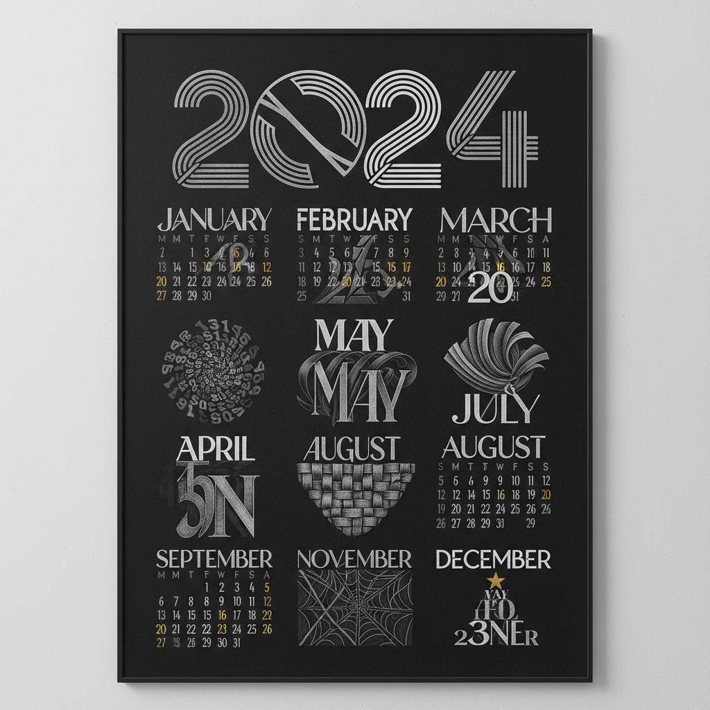 다양한 글꼴과 레이아웃으로 디자인된 타이포그래피 예술 2024년 달력.