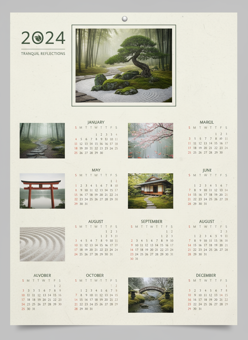 고요한 일본식 정원과 연못이 담긴 평화로운 젠(Zen) 스타일 2024년 달력.