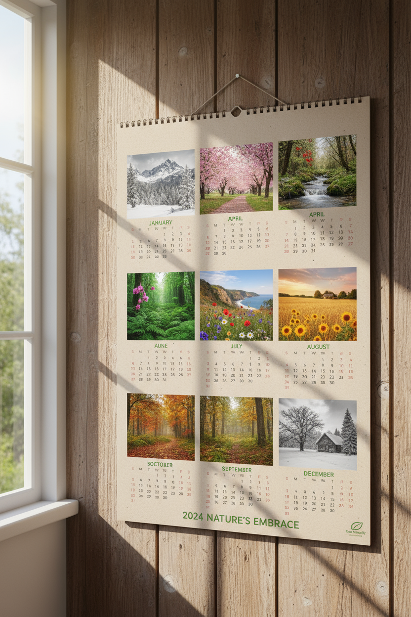 아름다운 풍경 사진이 담긴 자연 테마의 2024년 벽걸이 달력.
