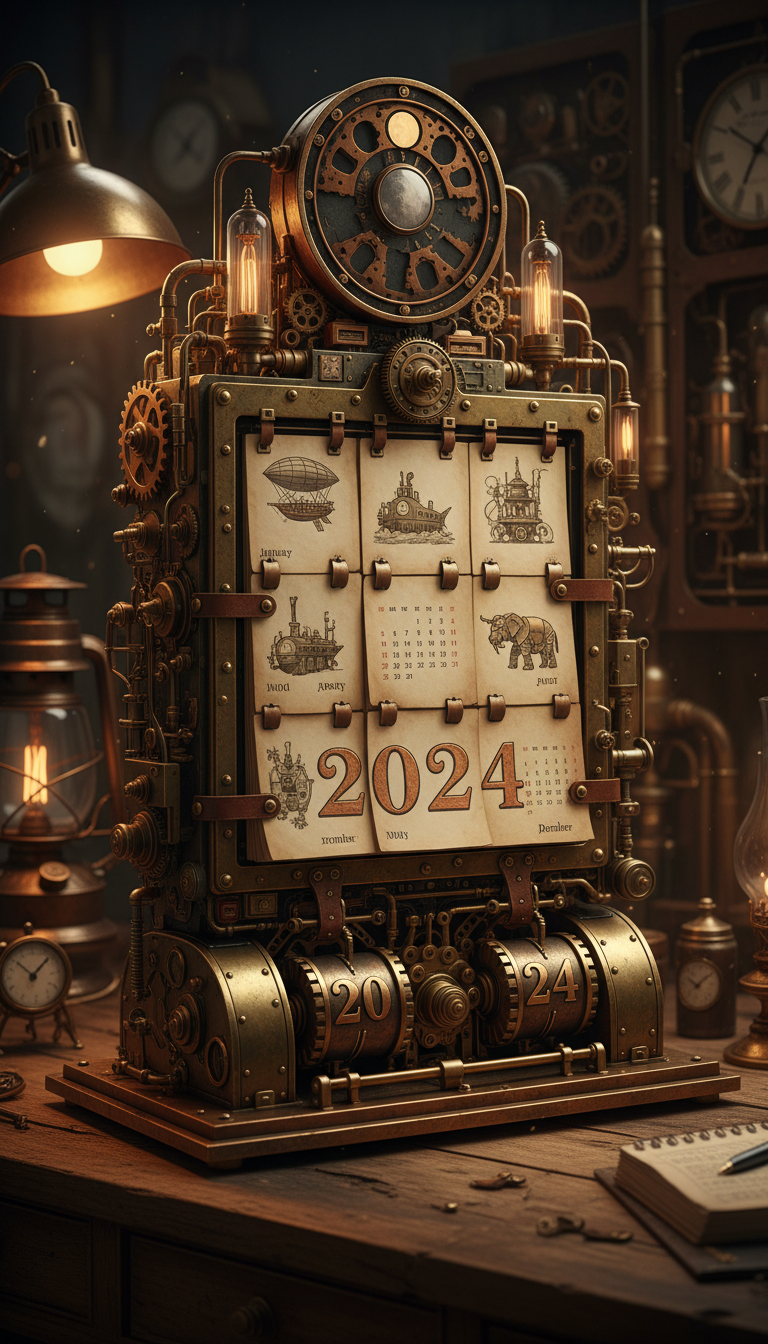 기어, 톱니바퀴, 황동 질감의 산업 디테일이 특징인 스팀펑크 테마 2024년 달력.