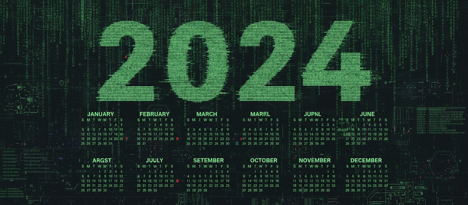 녹색 코드가 떨어지고 디지털 글리치 효과가 있는 '매트릭스'에서 영감을 받은 2024년 달력.