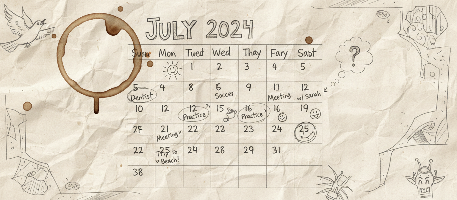개인적인 메모와 낙서가 쭈글쭈글한 종이에 그려진 캐주얼한 손그림 2024년 달력 스케치.
