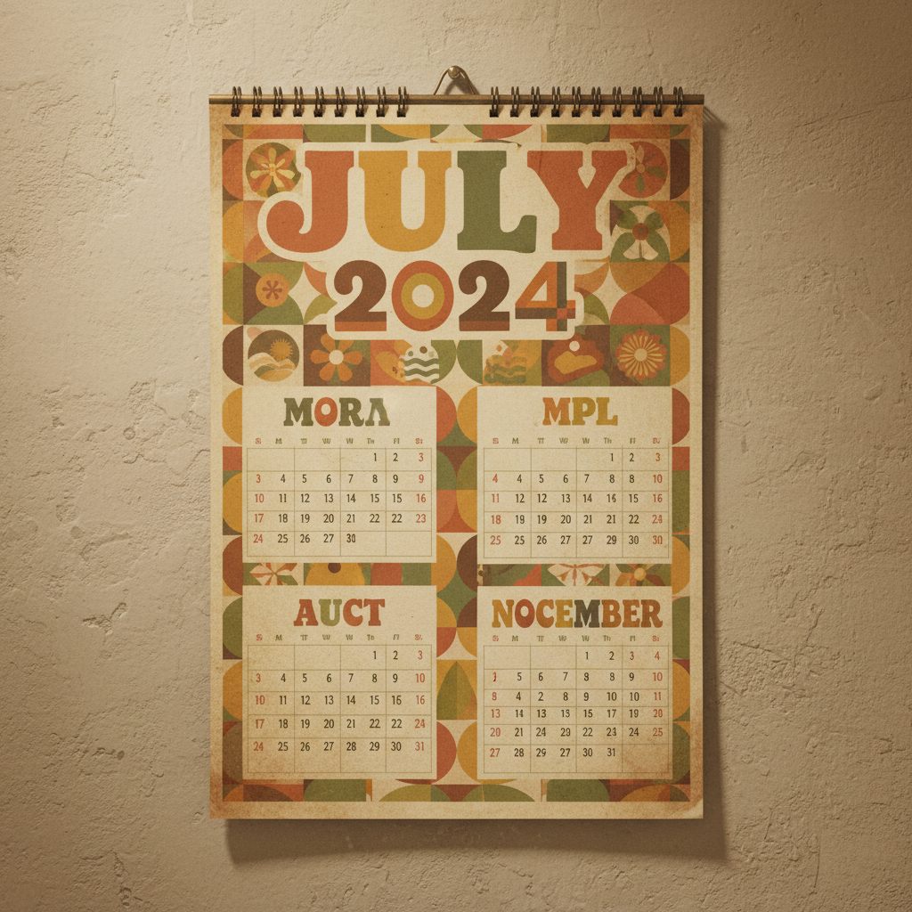 복고풍의 1970년대 스타일 타이포그래피와 차분한 색상의 2024년 벽걸이 달력.