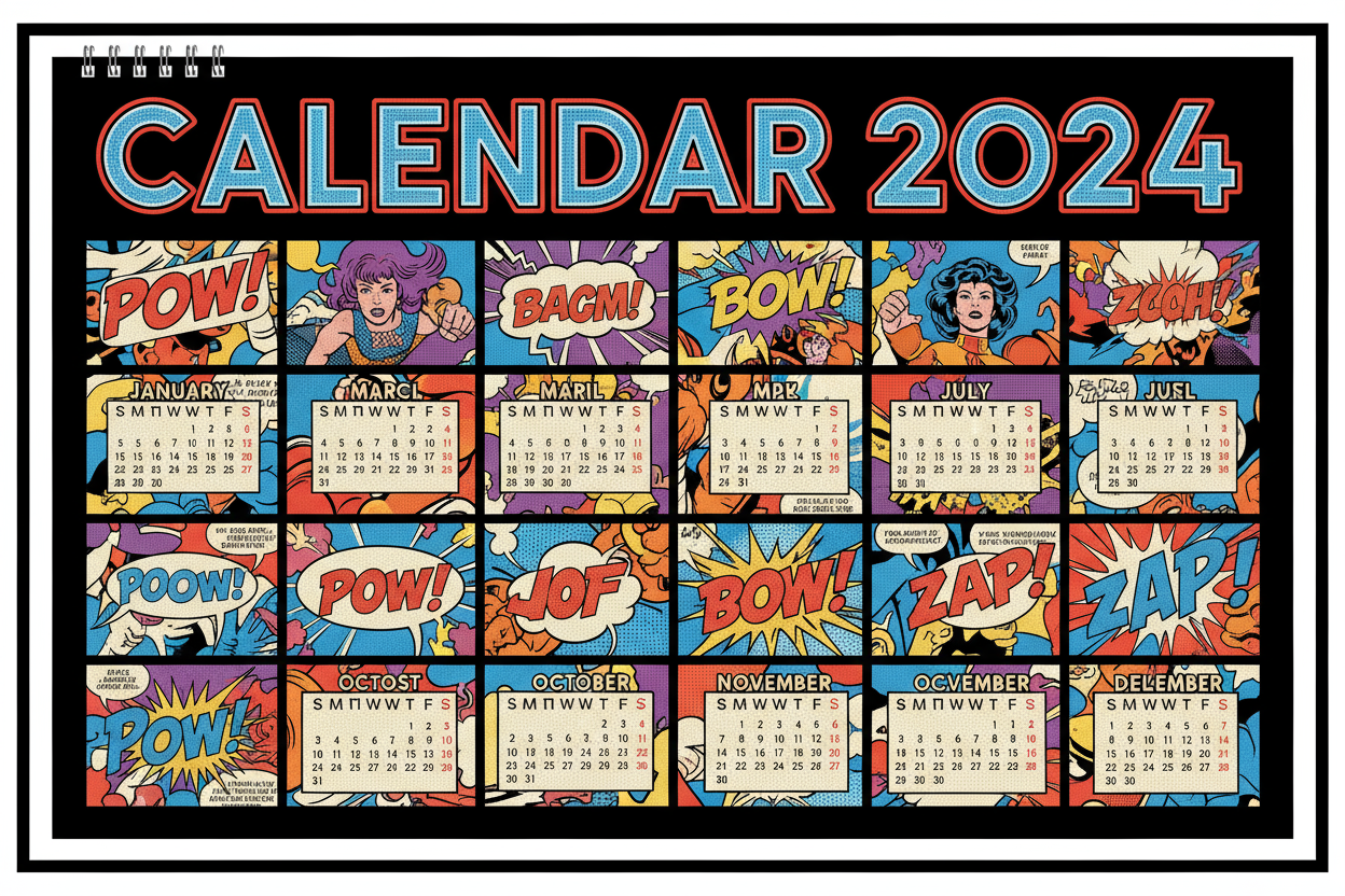 볼드체 서체와 활기찬 만화책 배경이 있는 복고풍 팝아트 스타일의 2024년 달력.
