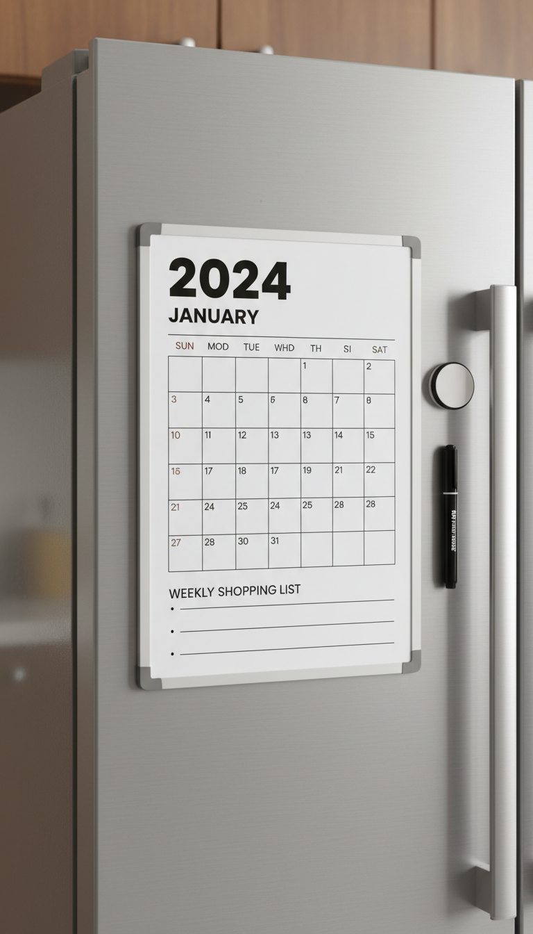 미니멀한 디자인의 냉장고용 2024년 자석 화이트보드 달력.