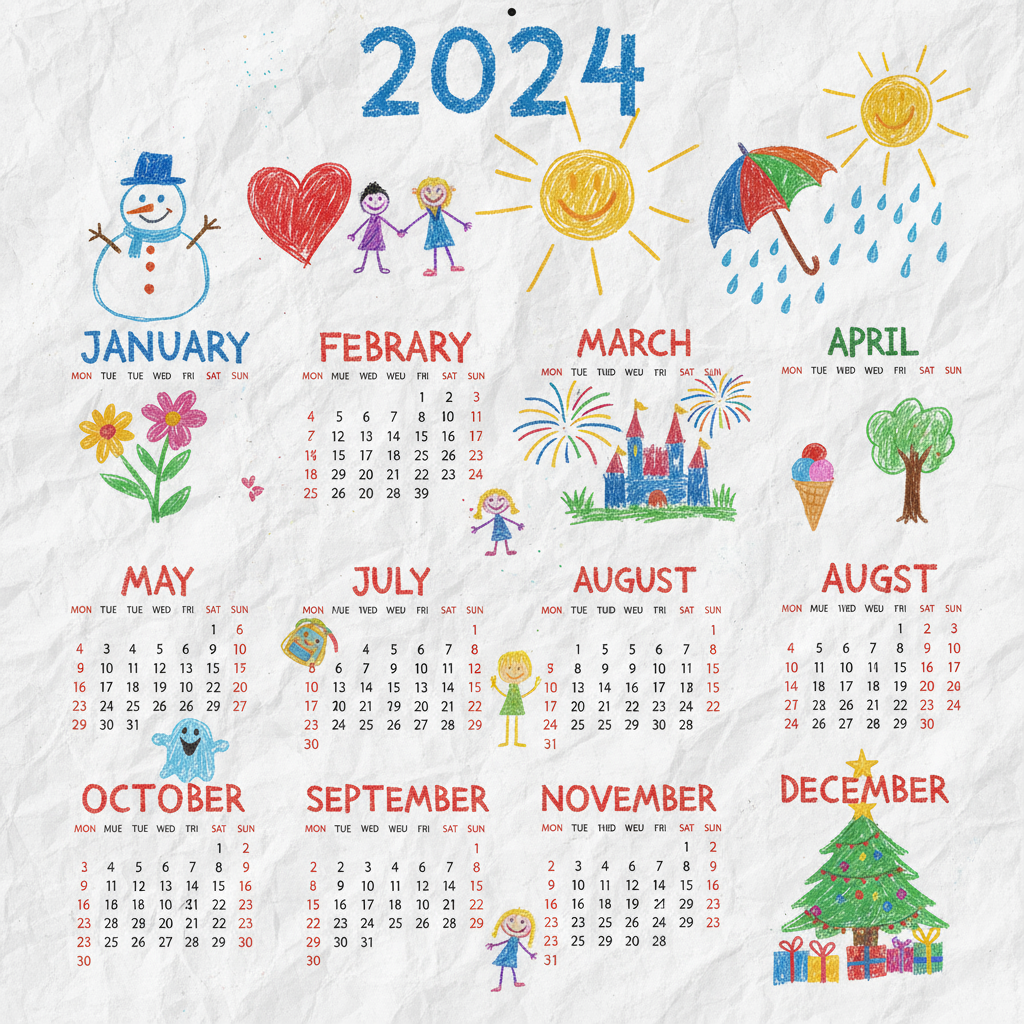아이의 밝고 단순한 크레용 그림처럼 보이는, 행복한 인물들이 그려진 2024년 달력.