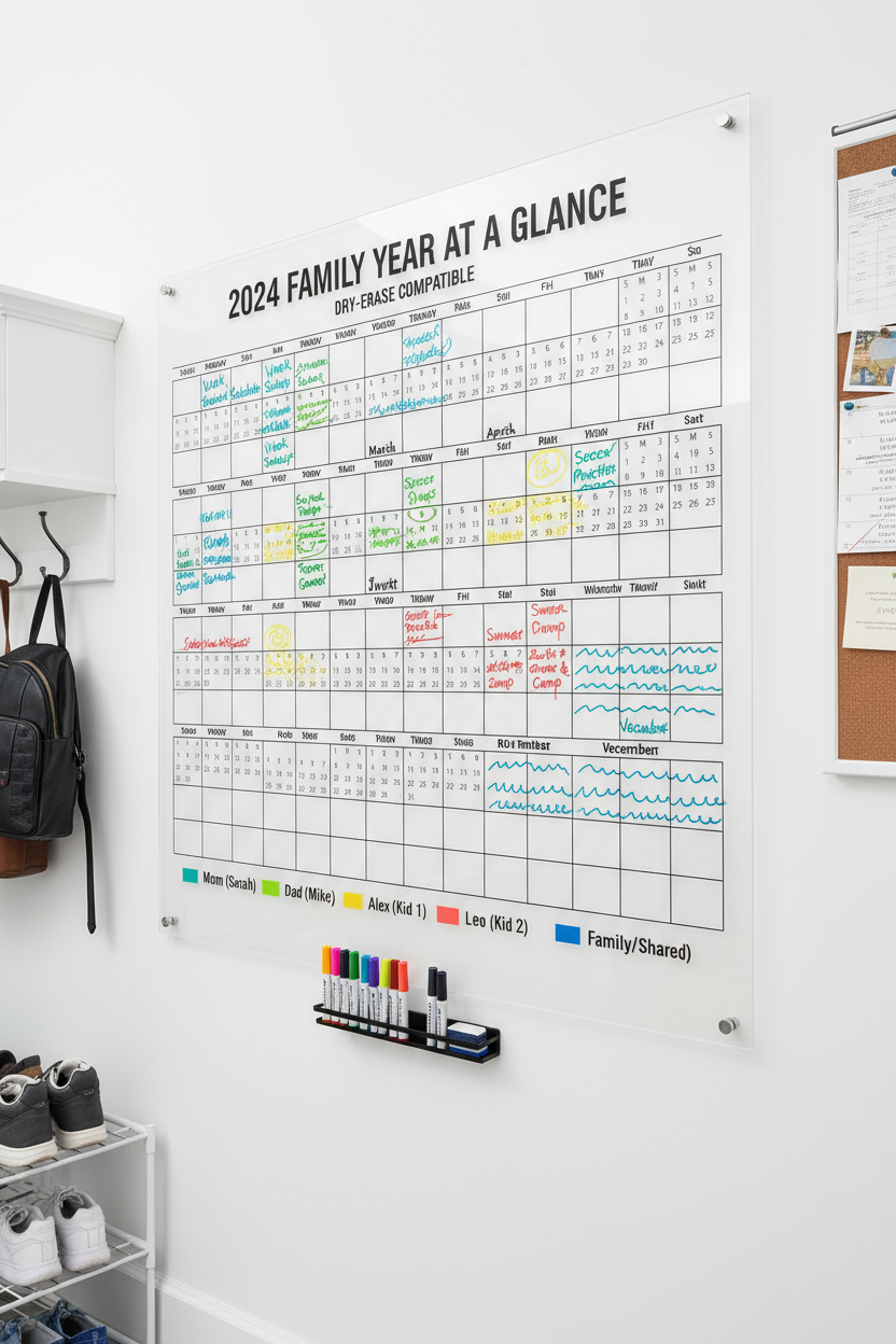 온 가족 계획을 위한 일년 전체를 보여주는 대형 2024년 벽걸이 건식 지우개 달력.