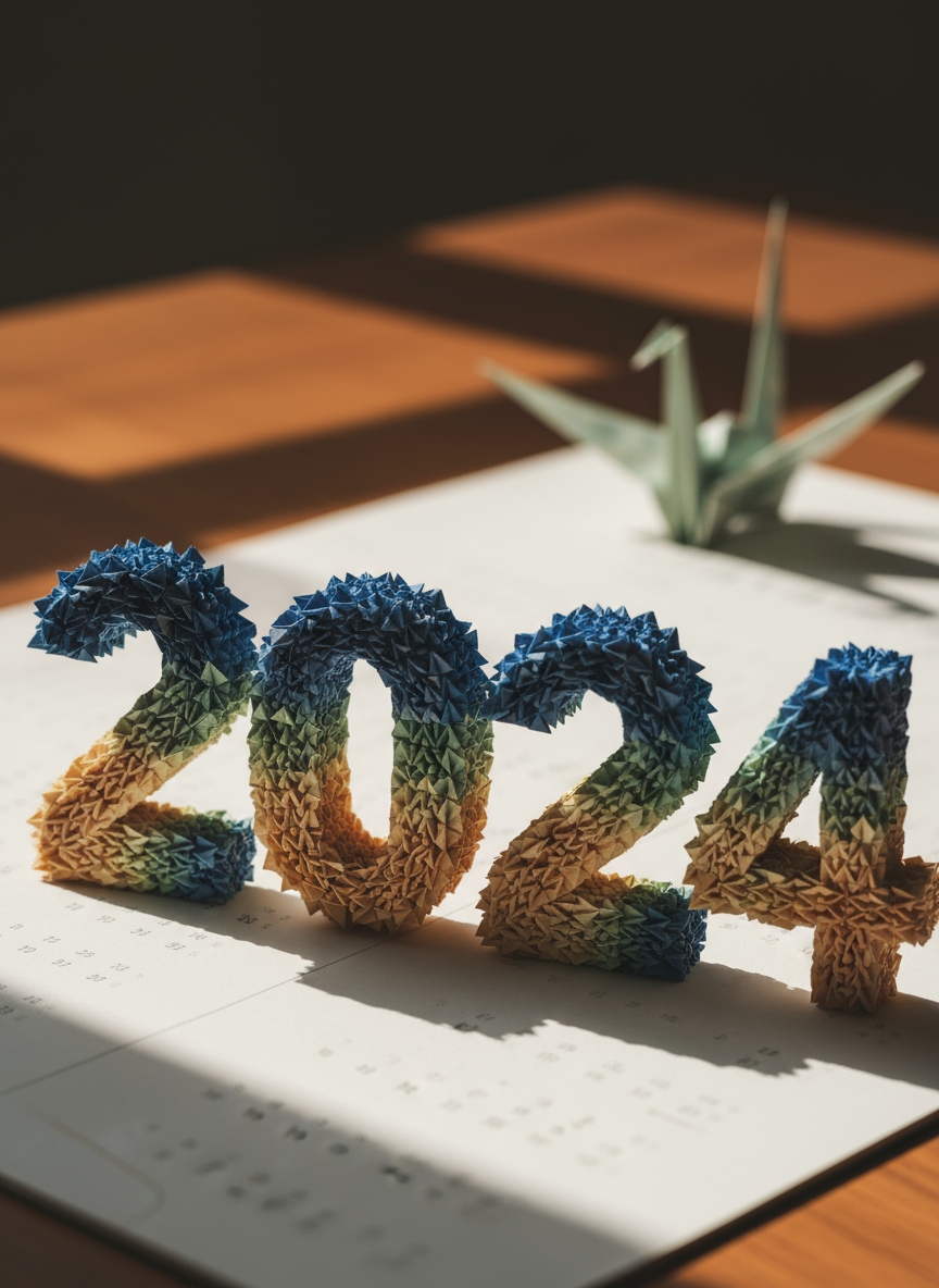 섬세한 그림자가 있는 복잡한 종이 접기로 만들어진 예술적인 2024년 달력.