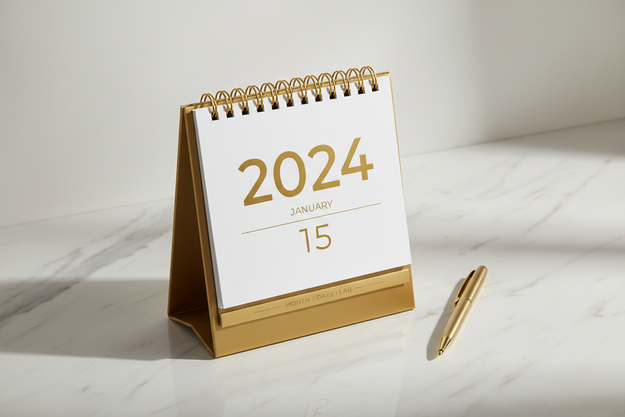 대리석 배경에 금색 악센트가 있는 우아한 2024년 달력.