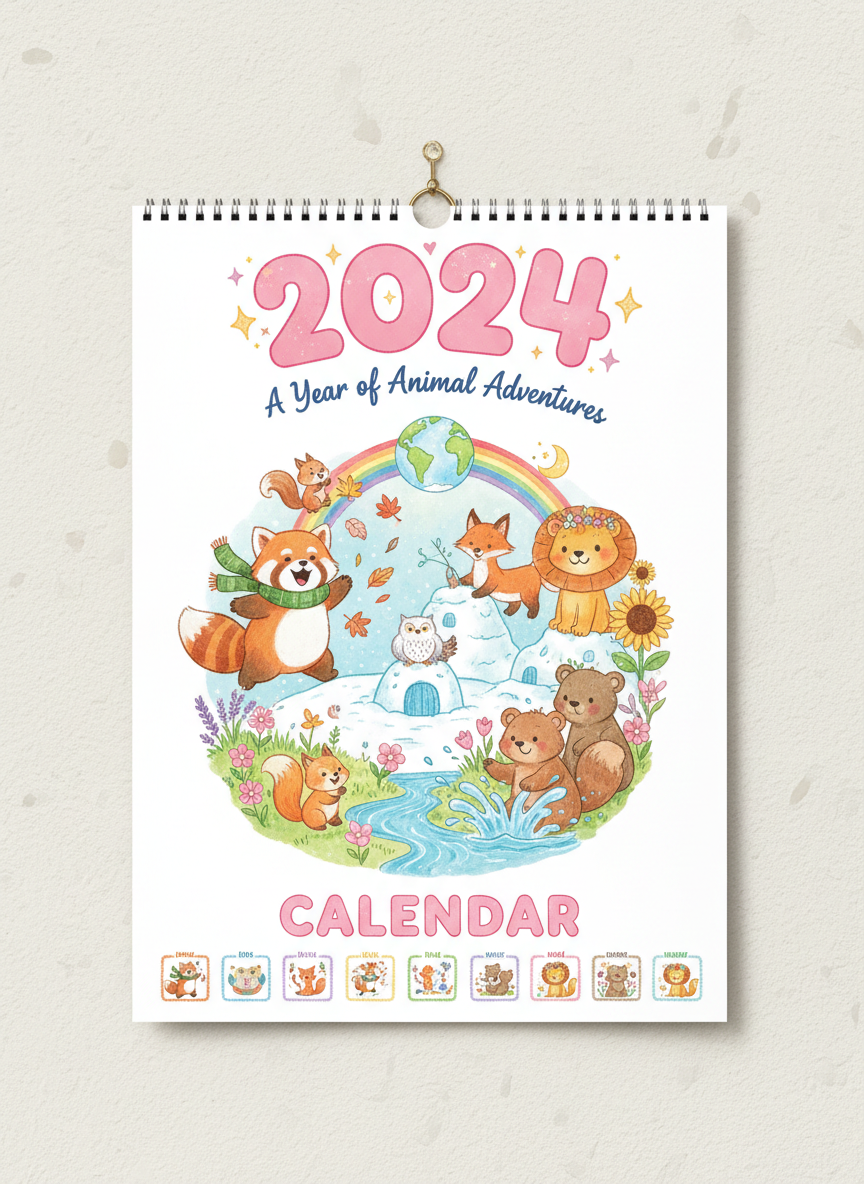 손으로 그린 귀여운 동물 일러스트가 있는 유쾌한 2024년 벽걸이 달력.