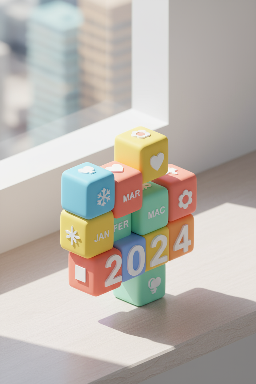 맞물린 달 블록으로 구성된 밝은 색상의 2024년 아이소메트릭 3D 렌더링 탁상 달력.