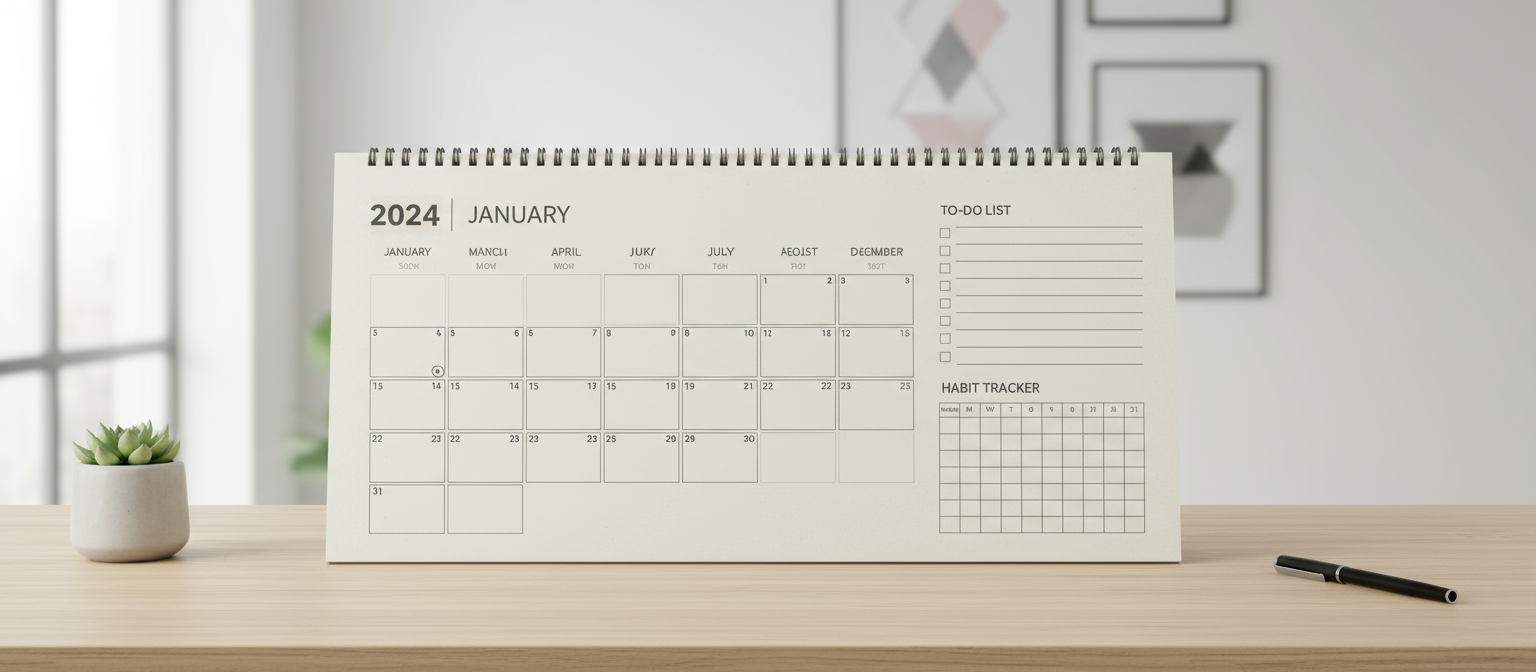 넓은 일일 블록과 습관 추적기가 있는 기능적인 2024년 데스크 패드 달력.
