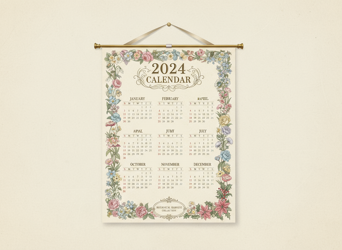섬세한 꽃무늬와 부드러운 파스텔 색상이 어우러진 우아한 2024년 달력 식물 일러스트.
