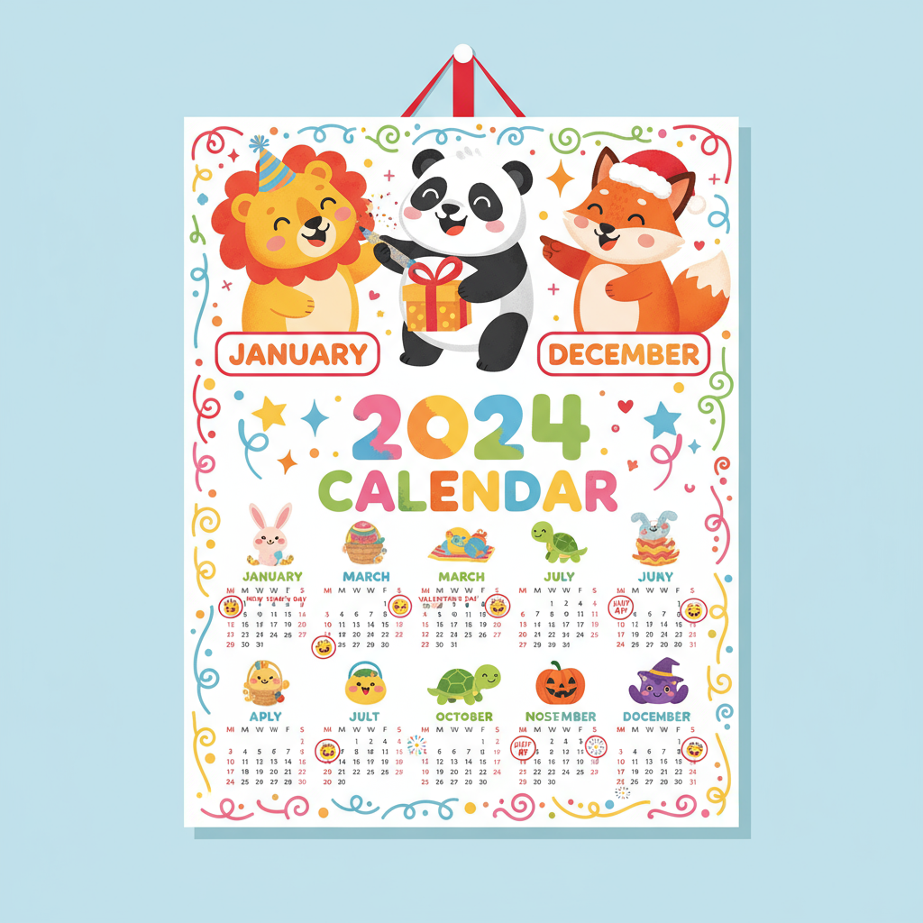 명랑한 동물 캐릭터가 휴일을 표시하는 밝고 활기찬 어린이 만화 스타일 2024년 달력.