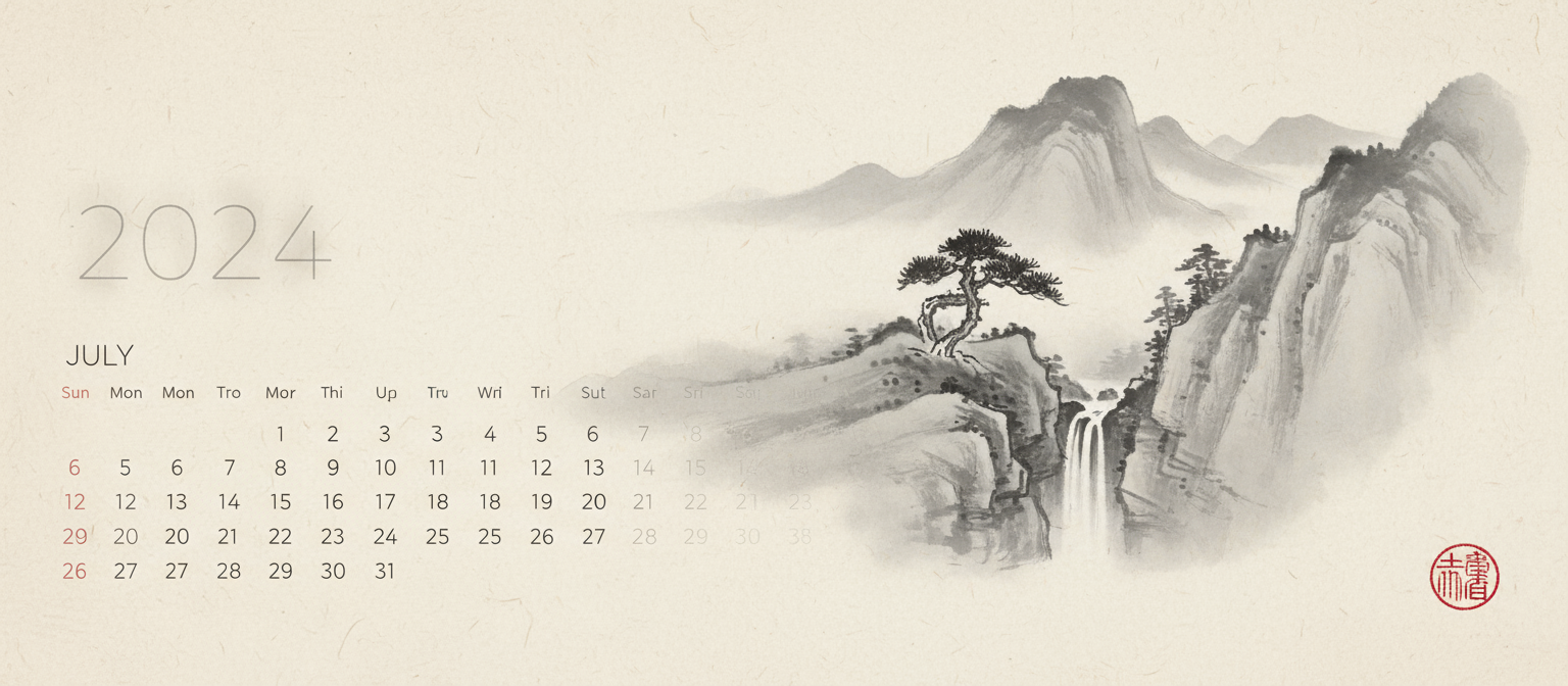 미니멀리즘적인 수묵화 풍경이 특징인 동양 수묵화(수미에) 스타일 2024년 달력.
