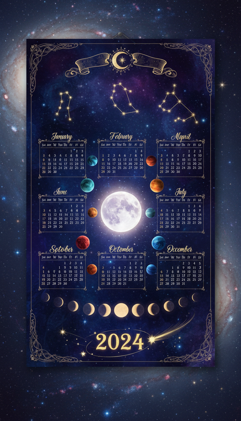 별자리, 행성, 달의 위상이 깊고 푸른 배경에 그려진 우주 테마 2024년 달력.