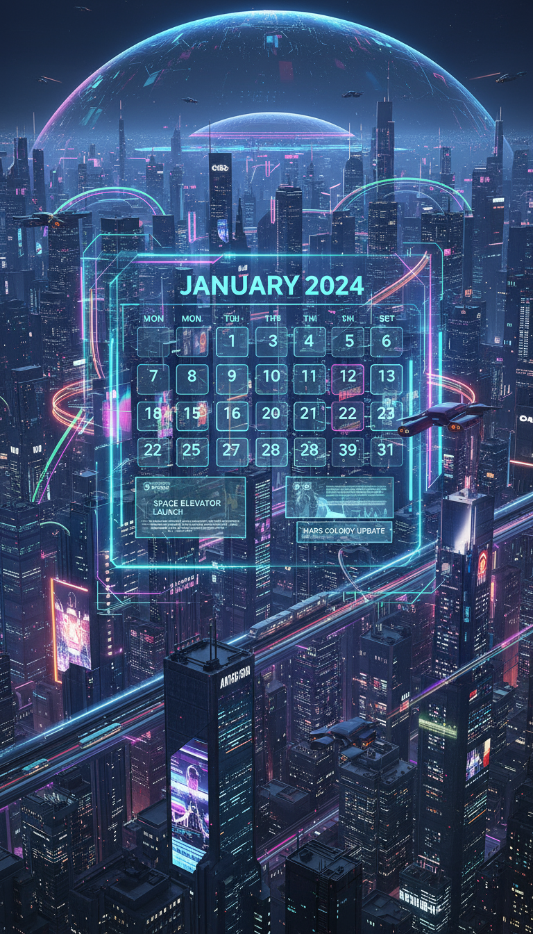 네온 불빛이 있는 미래 도시 풍경에 자리한 홀로그램 2024년 디지털 달력 인터페이스.