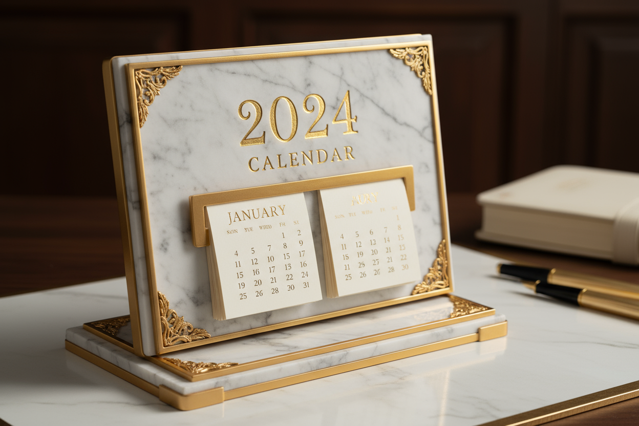 흰색 대리석에 금박 액센트와 세련된 서체가 돋보이는 우아한 2024년 탁상 달력.