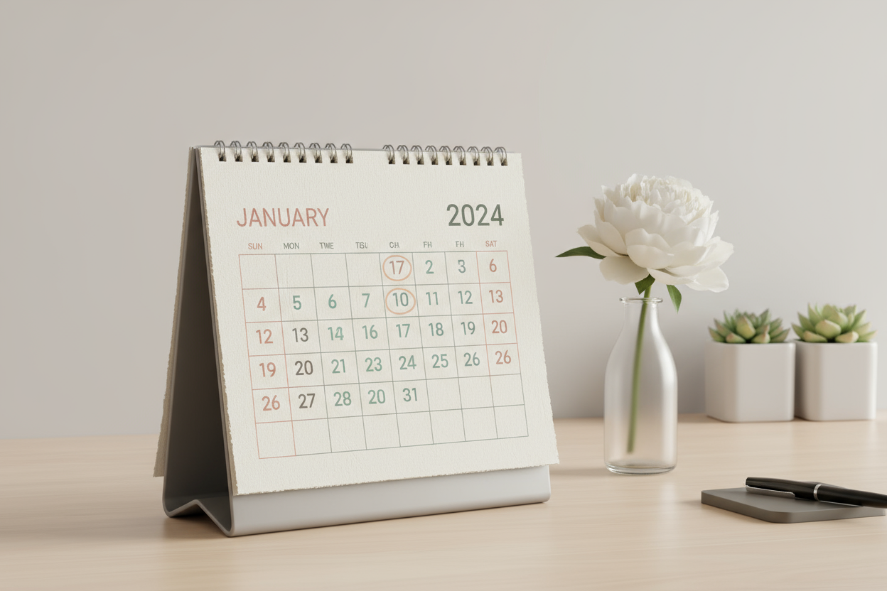 깔끔한 디자인과 부드러운 파스텔 색상이 특징인 미니멀리스트 2024년 탁상 달력.