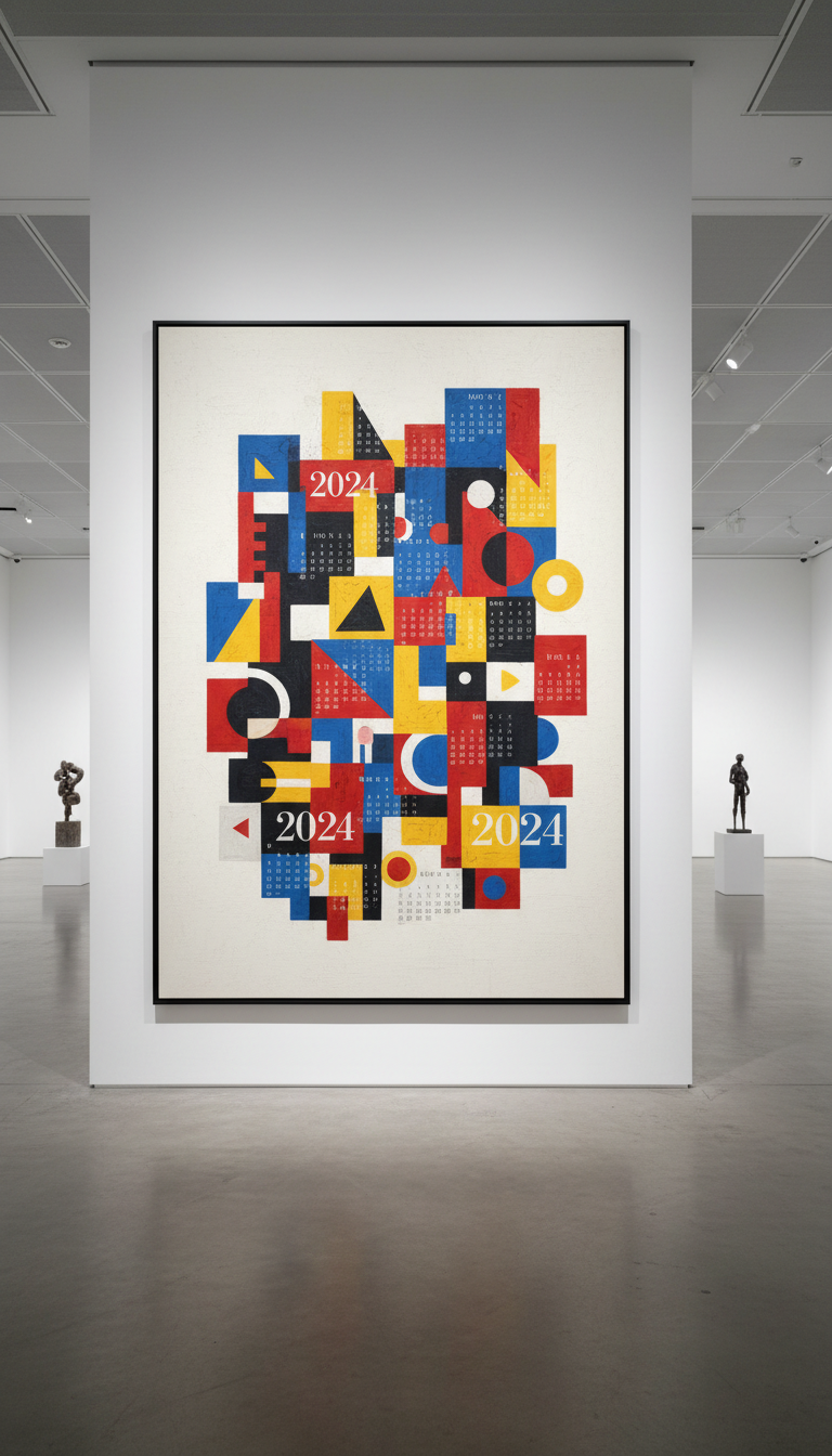 기하학적 도형과 원색 팔레트가 돋보이는 추상적인 2024년 달력 디자인.