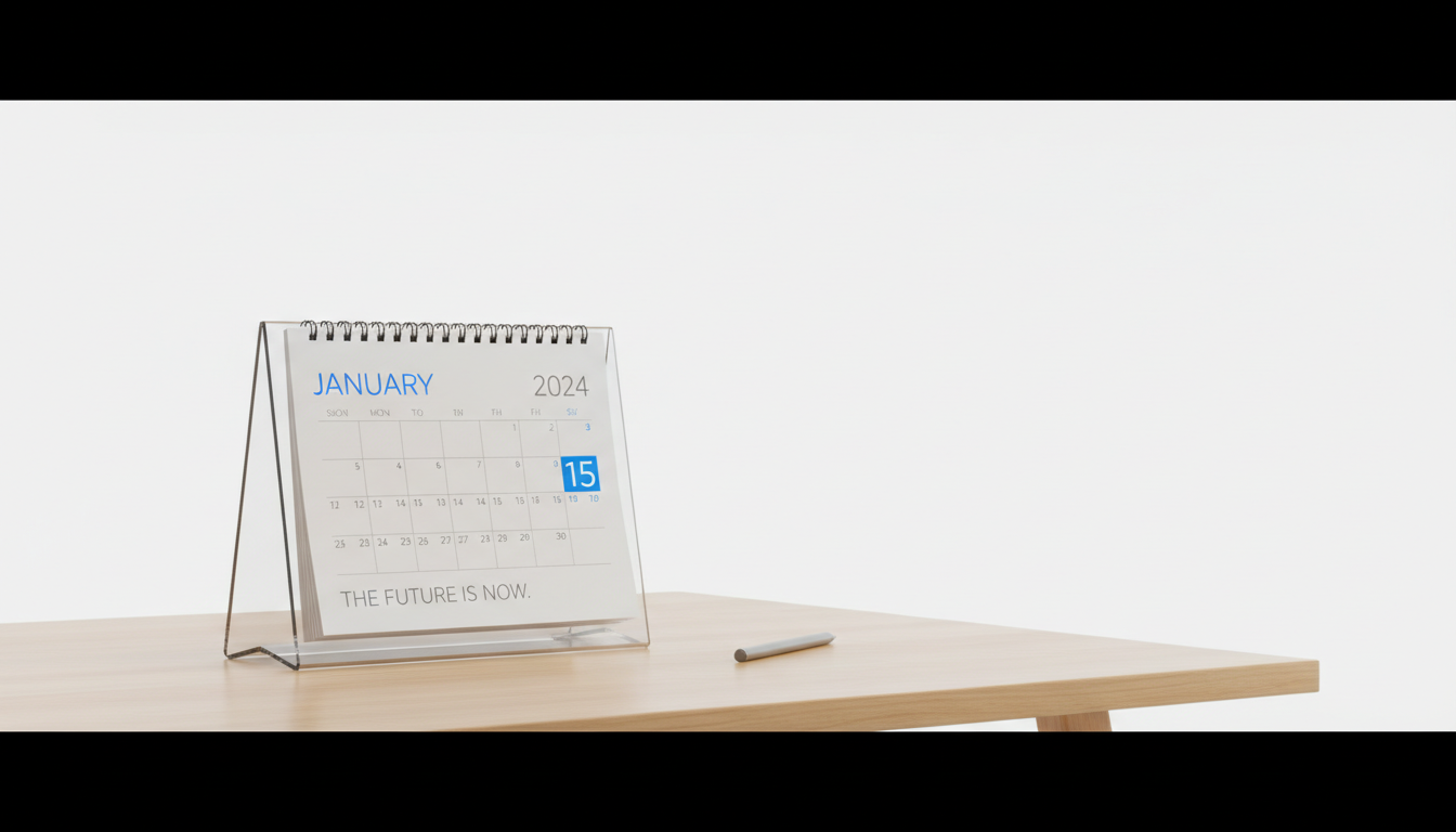 흰색 책상 위에 놓인 미니멀한 디지털 아트 스타일의 세련된 2024년 달력.
