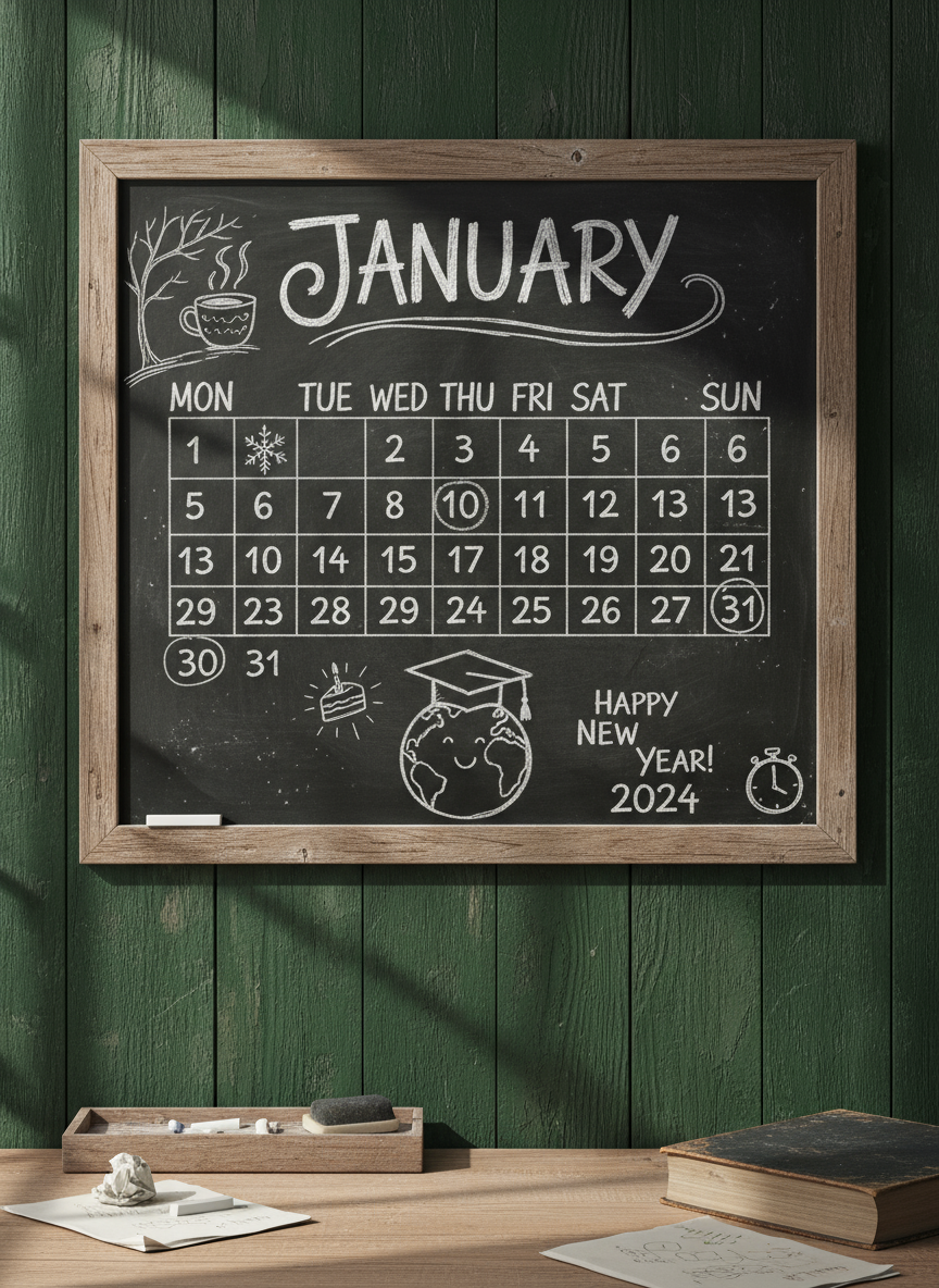 손글씨 효과와 분필 그림이 특징인 소박한 칠판 스타일의 2024년 달력.