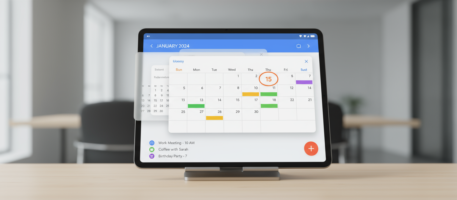 레이어와 생생한 플랫 컬러가 특징인 Material Design 기반의 디지털 2024년 달력.