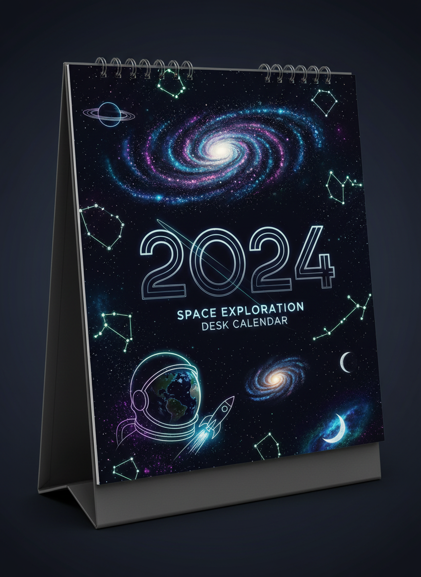 선명한 천문학적 이미지와 별자리가 있는 우주 테마의 2024년 탁상 달력.