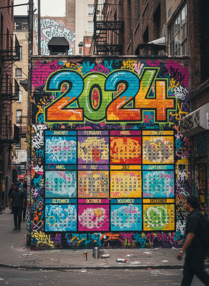 그래피티 스타일 숫자로 생동감 넘치는 길거리 예술 벽화로 디자인된 2024년 달력.