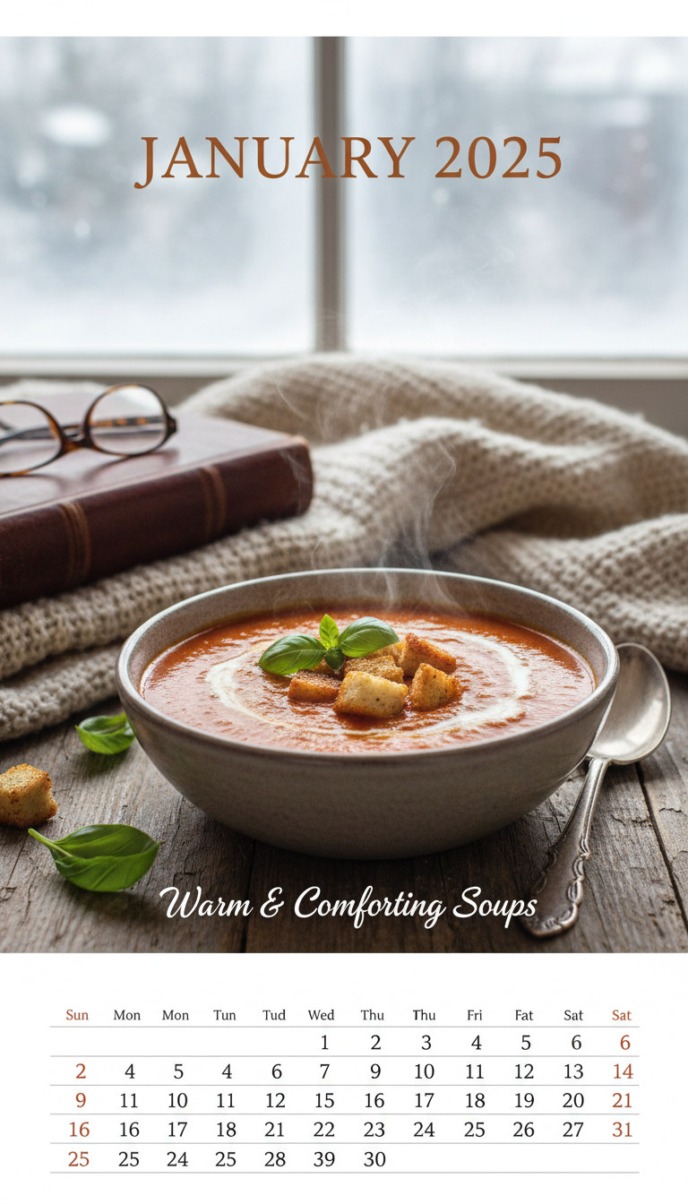 사실적인 음식 일러스트가 있는 요리 테마 2025년 달력.