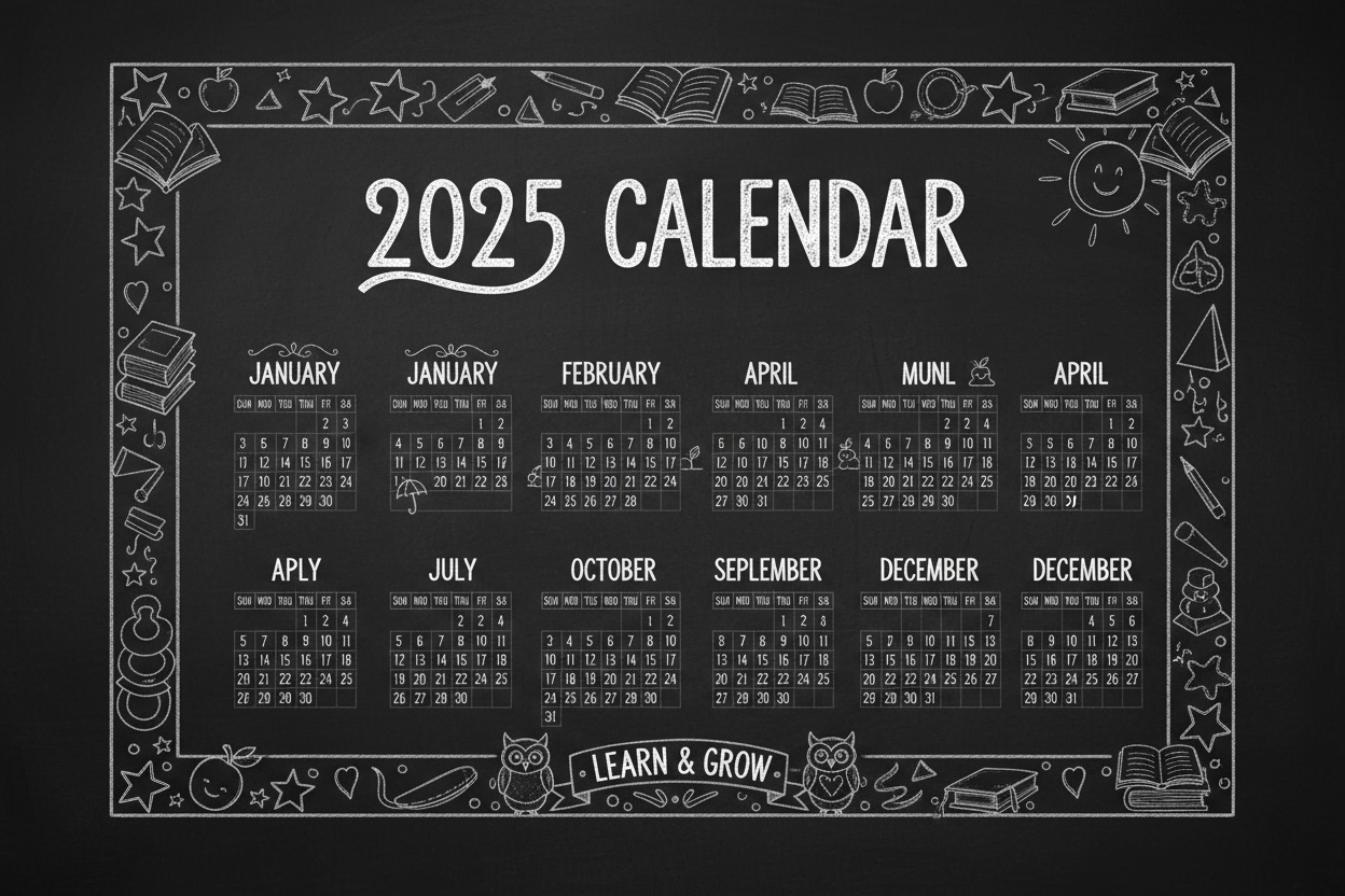 장난스러운 낙서가 있는 칠판 스타일의 손으로 그린 2025년 달력.