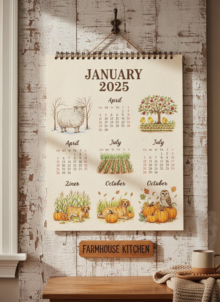 농장 동물 그림이 있는 소박한 농가 스타일의 2025년 달력.