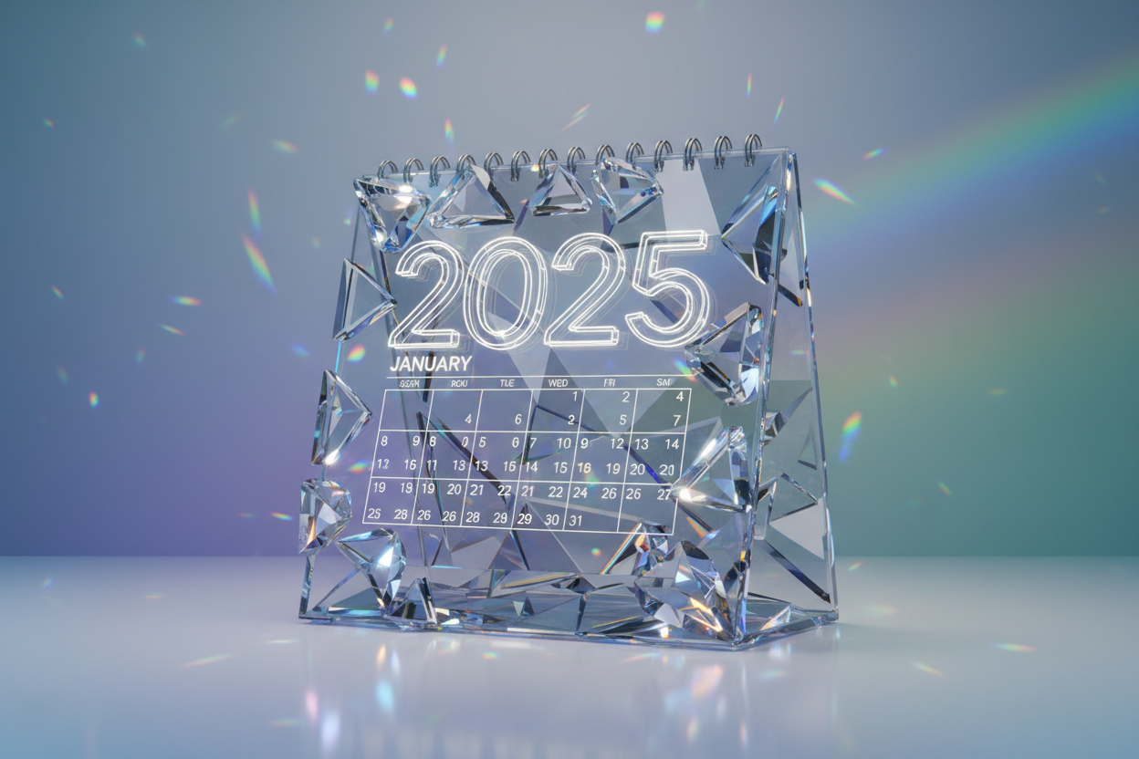 결정질의 기하학적 디자인과 프리즘 색상이 돋보이는 2025년 달력.