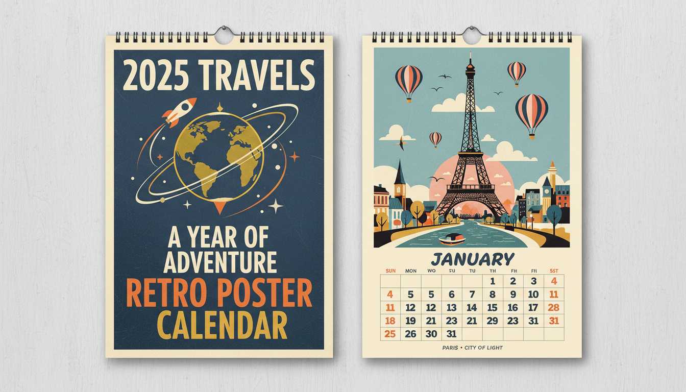 전 세계 랜드마크를 빈티지 여행 포스터 스타일로 보여주는 2025년 달력.