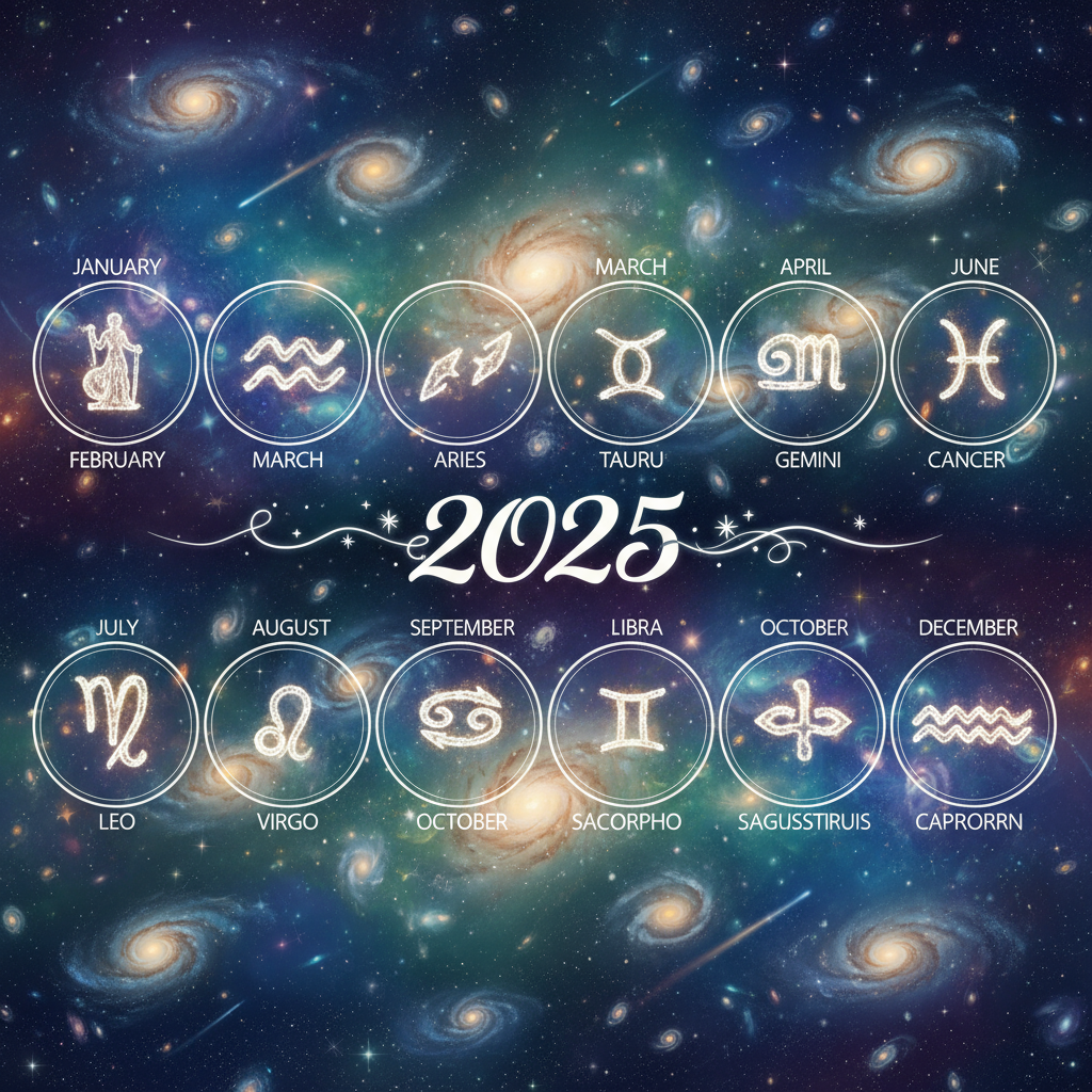 은하계 배경에 조디악 별자리가 있는 천상의 2025년 달력.